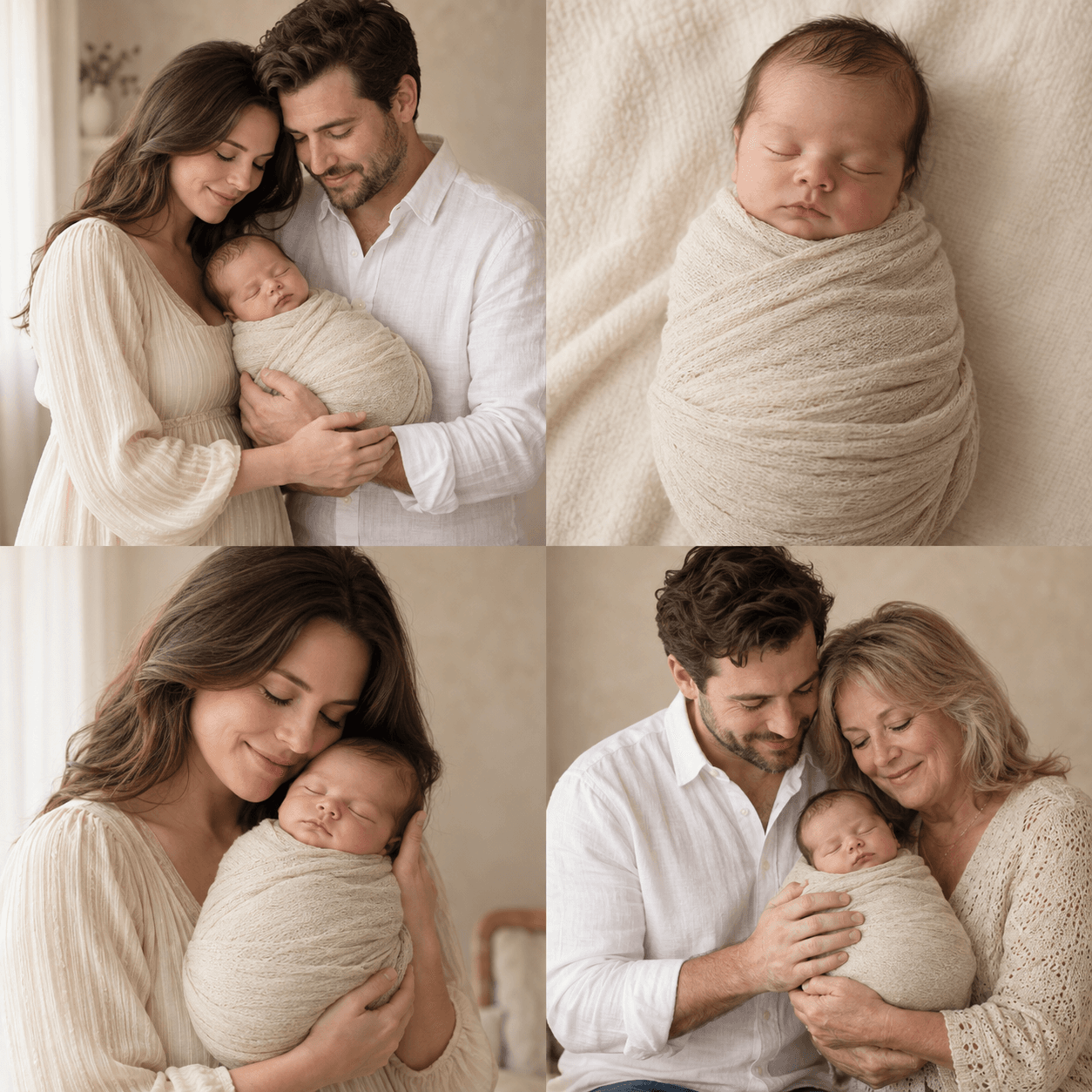 Sample AI studio portraits: parents cradling their baby, a newborn close-up, mother and baby, and family with grandmother