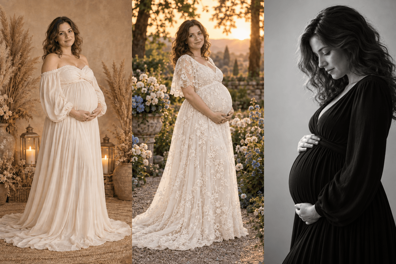AI maternity style examples: warm ivory studio, ivory lace in a sunset garden, and a black-and-white portrait