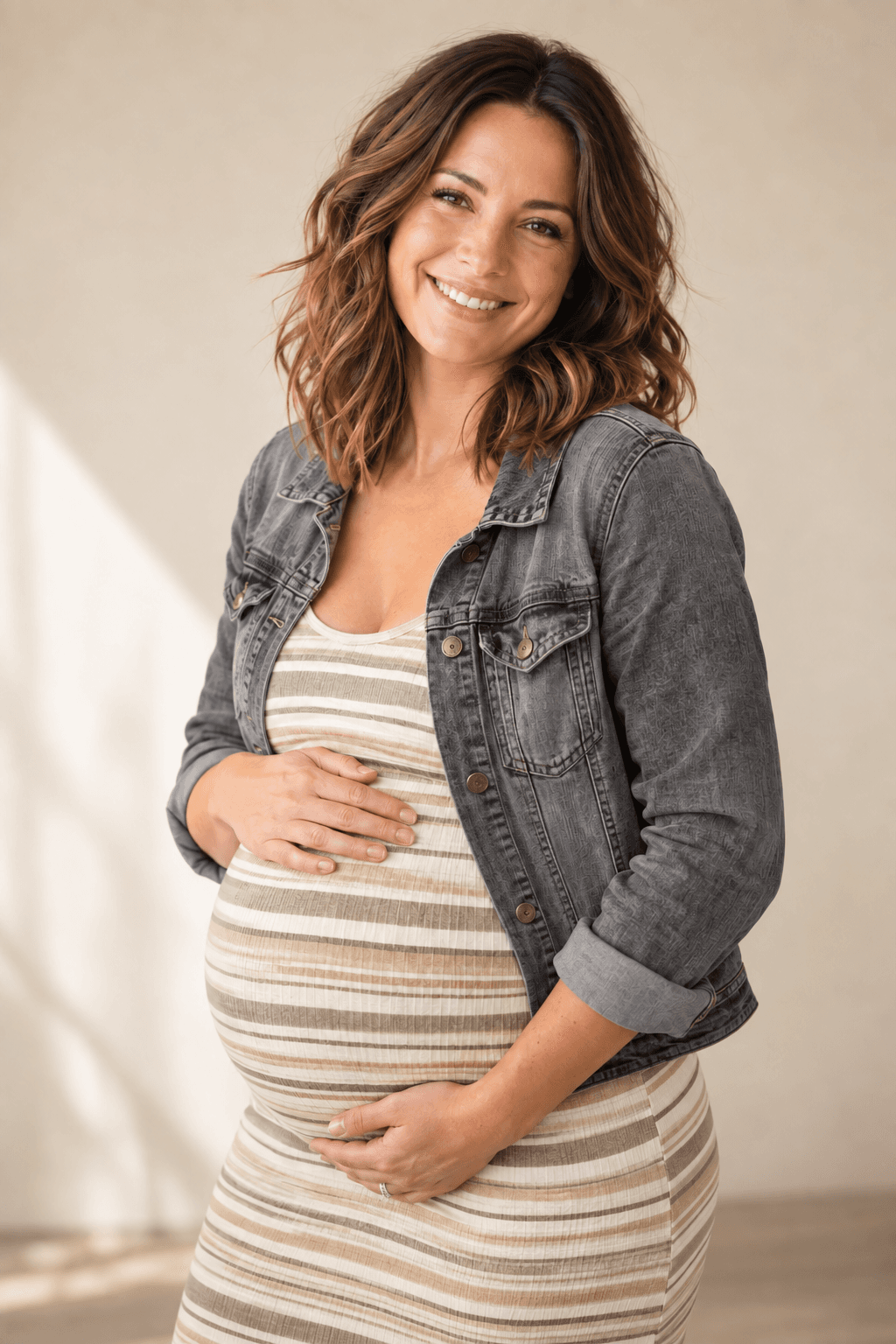 Charcoal denim · Neutral stripes