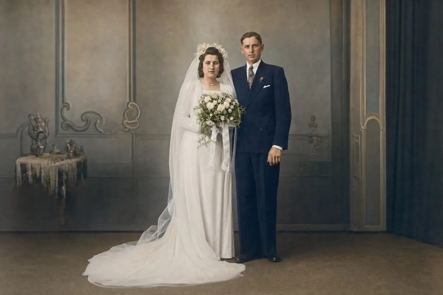 Restored family photo with cracks and creases repaired
