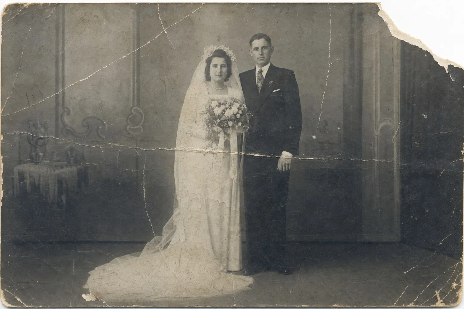 Original family photo with cracks and creases