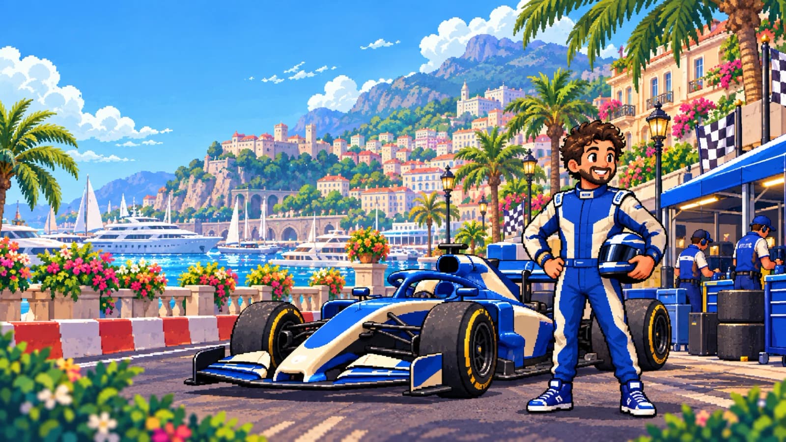 Illustrative pixel-art racing driver standing beside a blue car at a coastal circuit