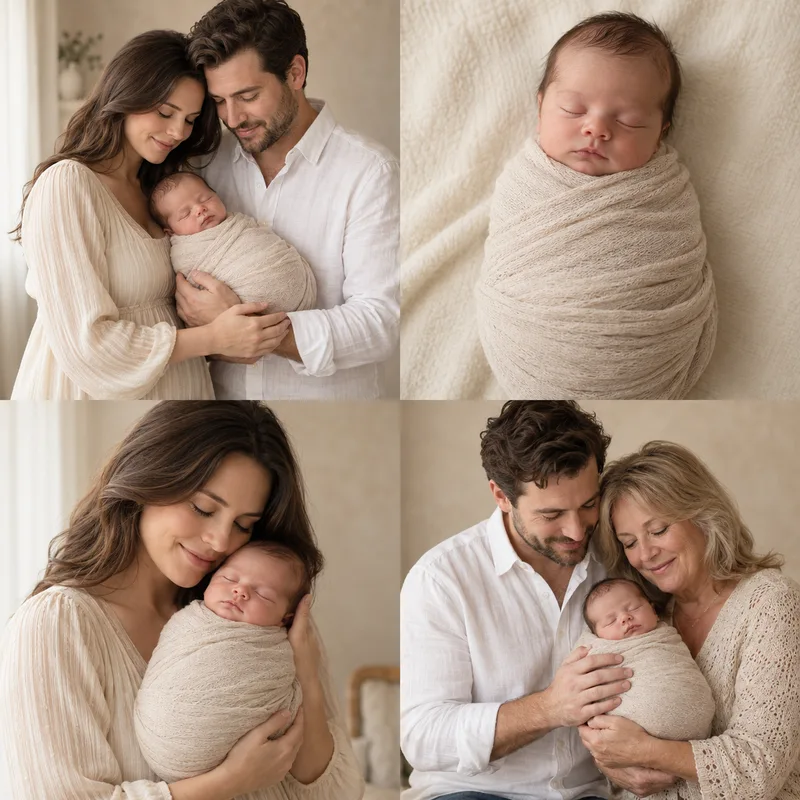 Four AI baby and family photography style examples