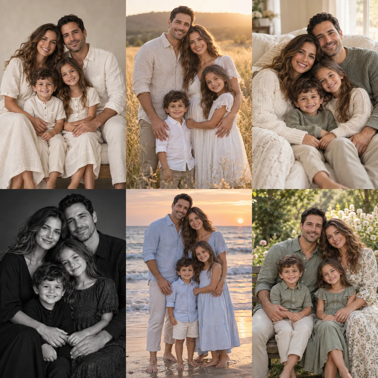 AI family portrait examples with parents and children in six settings