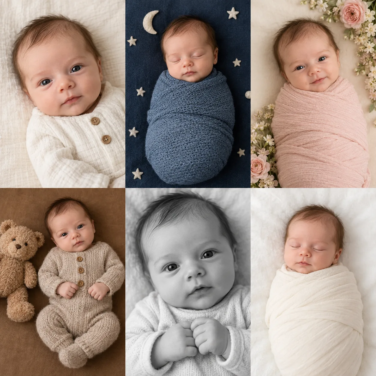AI newborn portrait examples in six gentle studio settings