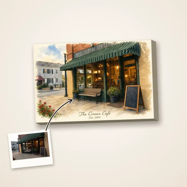 A corner café storefront painted in watercolor, with the photo it was painted from