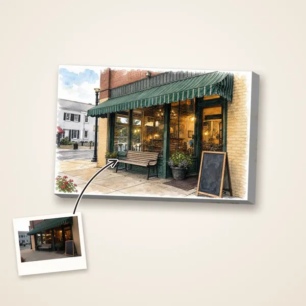 A corner café storefront as an ink and wash drawing, with its photo