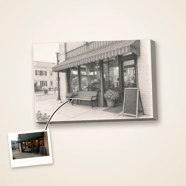 A corner café storefront as a pencil sketch, with its photo