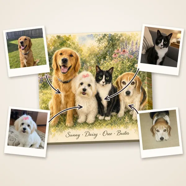 Four pets painted together in a summer garden, with their photos