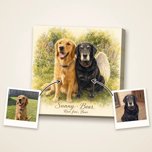 A golden retriever and a black Labrador with angel wings in a summer garden, with their photos