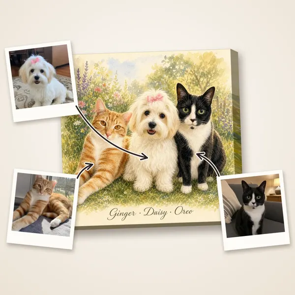 An orange tabby, a white Maltese and a tuxedo cat in a summer garden, with their photos