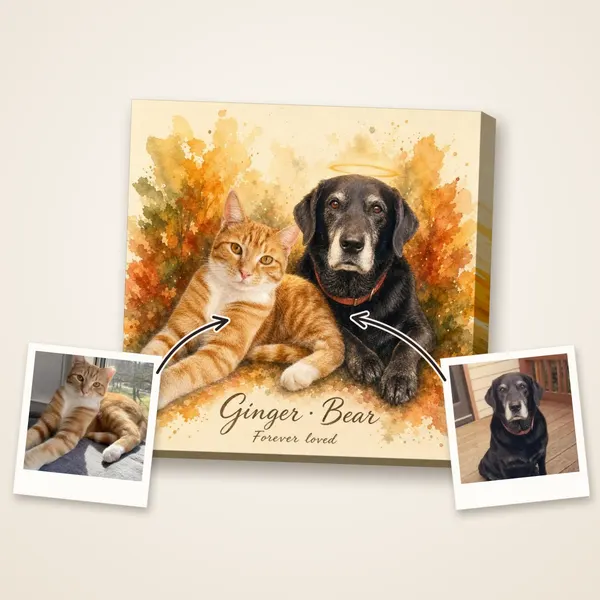 An orange tabby and a black Labrador with a halo in warm autumn watercolor, with their photos