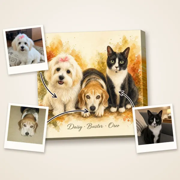 A white Maltese, a beagle and a tuxedo cat in warm autumn watercolor, with their photos
