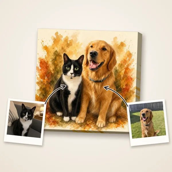 A tuxedo cat and a golden retriever in warm autumn watercolor, with their photos