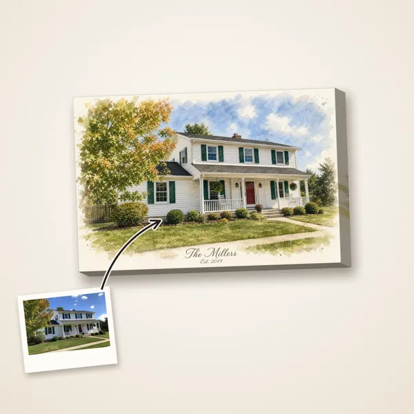 A white clapboard family home painted in watercolor, with the photo it was painted from