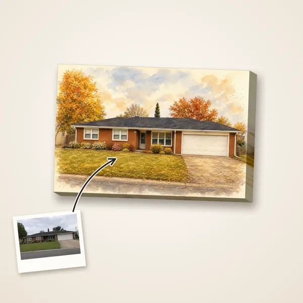 A red-brick ranch house painted in watercolor in autumn, with its photo