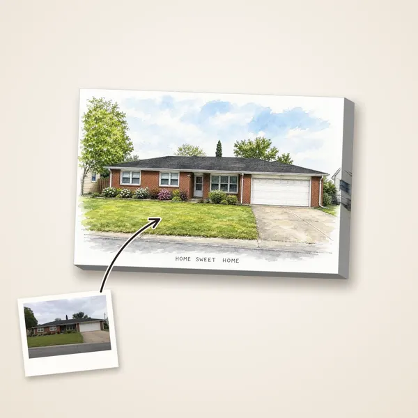 A red-brick ranch house as an ink and wash drawing, with its photo