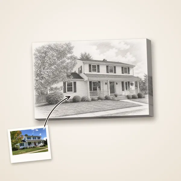 A white family home as a pencil sketch, with its photo