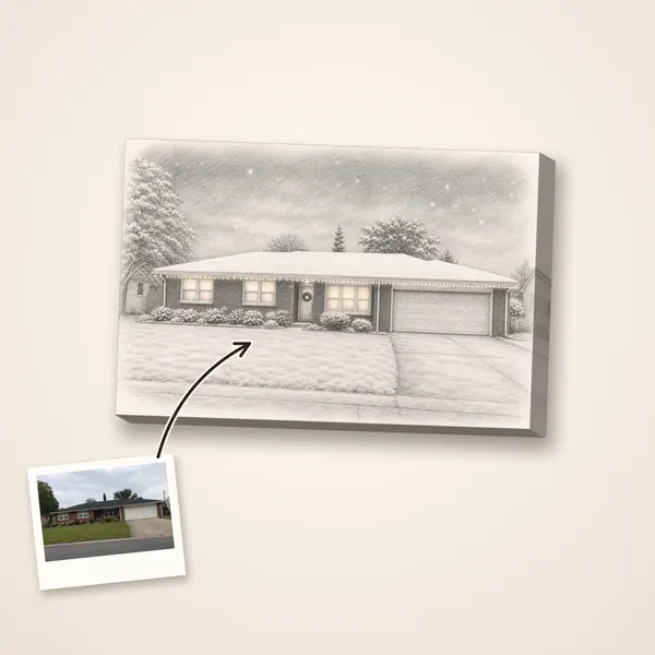 A red-brick ranch house as a pencil sketch in the snow, with its photo