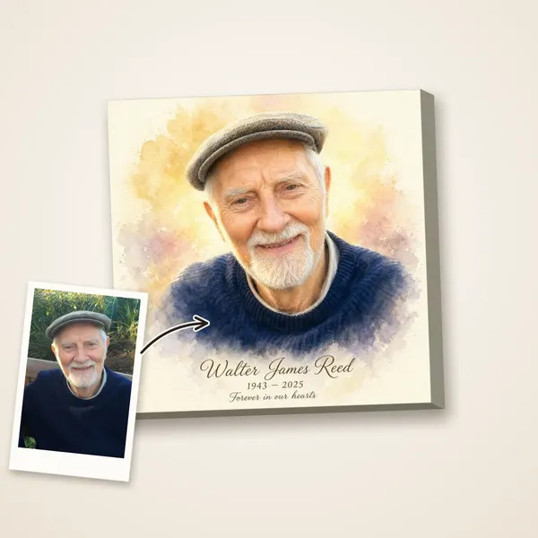 A watercolor portrait of an elderly man in soft golden light, with the photo it was painted from
