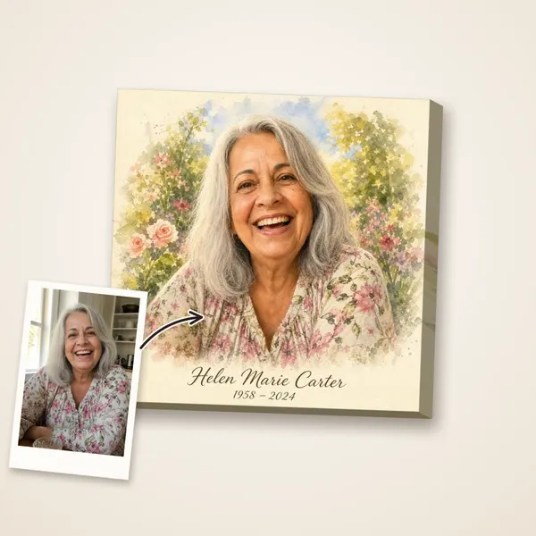 A watercolor portrait of a silver-haired woman in a summer garden, with her photo