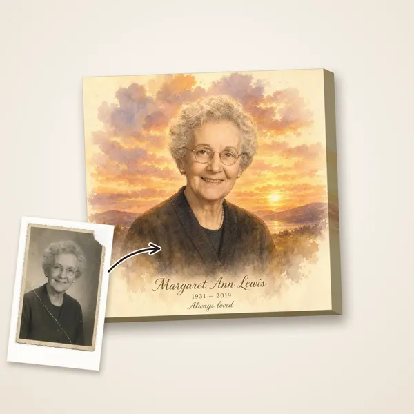 A watercolor portrait of an elderly woman at sunset, painted from a damaged black-and-white photo