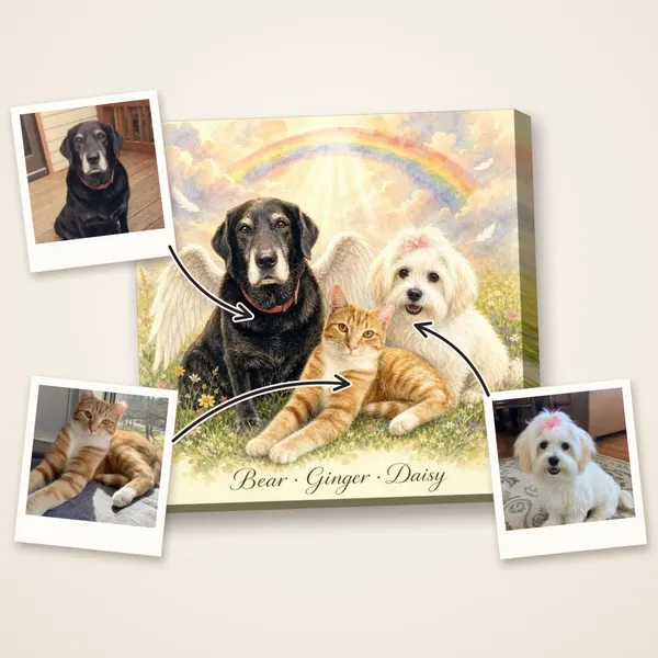 A senior black Labrador with angel wings, an orange tabby and a white Maltese painted together under a rainbow, with the photos they were painted from