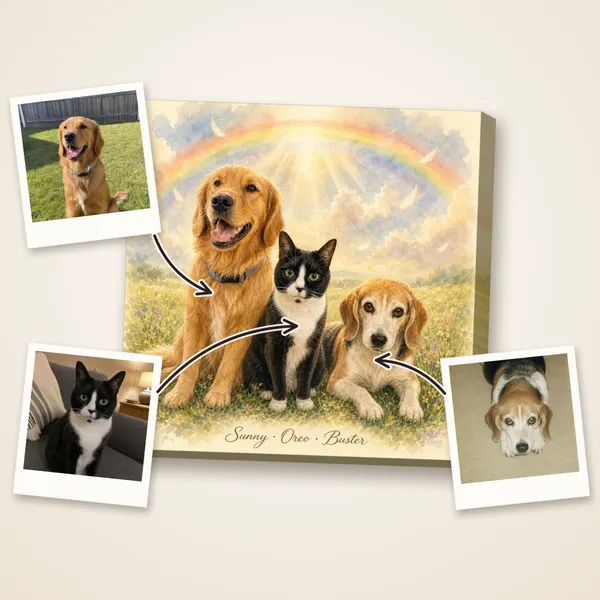 A golden retriever, a tuxedo cat and a beagle with a halo under a rainbow, with their photos