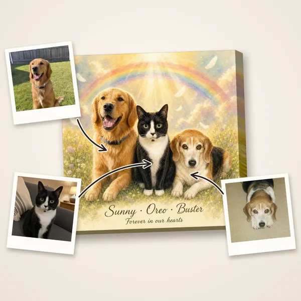 A golden retriever, a tuxedo cat and a beagle under a rainbow, with their photos