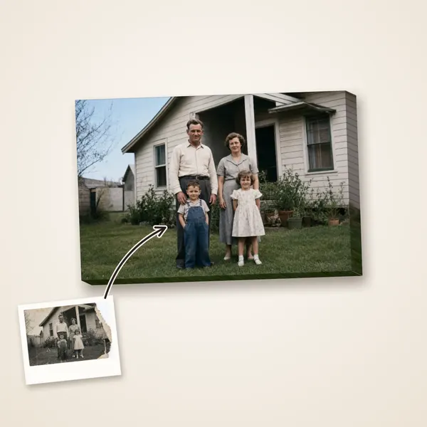 A torn snapshot of a family in front of their house, restored in natural colour, with the damaged original