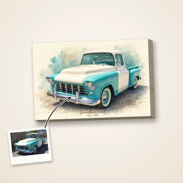 A turquoise 1950s pickup truck painted in watercolor, with the photo it was painted from
