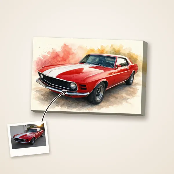 A red 1960s muscle car painted in watercolor, with its photo