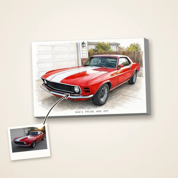 A red 1960s muscle car as an ink and wash drawing, with its photo
