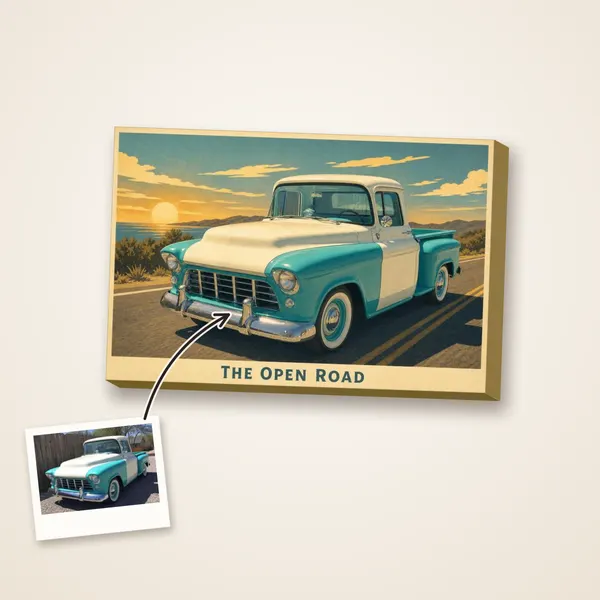 A turquoise 1950s pickup truck as a vintage travel poster, with its photo