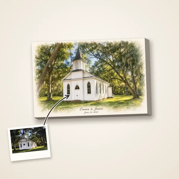A white country chapel painted in watercolor with a couple's names and wedding date, with the photo it was painted from