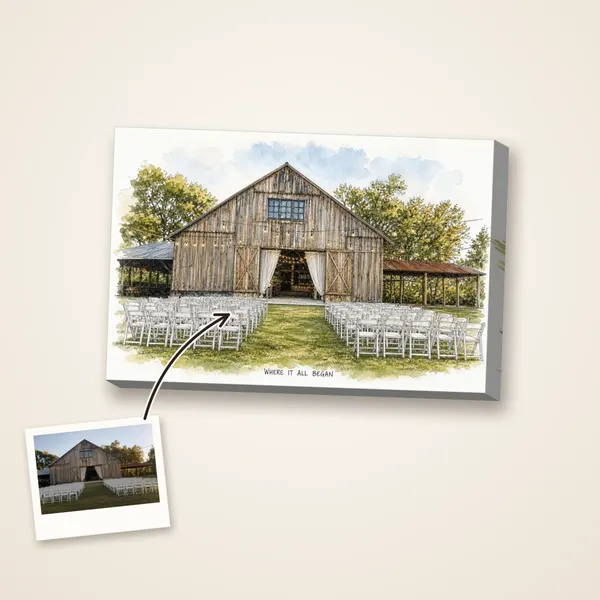 A rustic barn wedding venue as an ink and wash drawing, with its photo