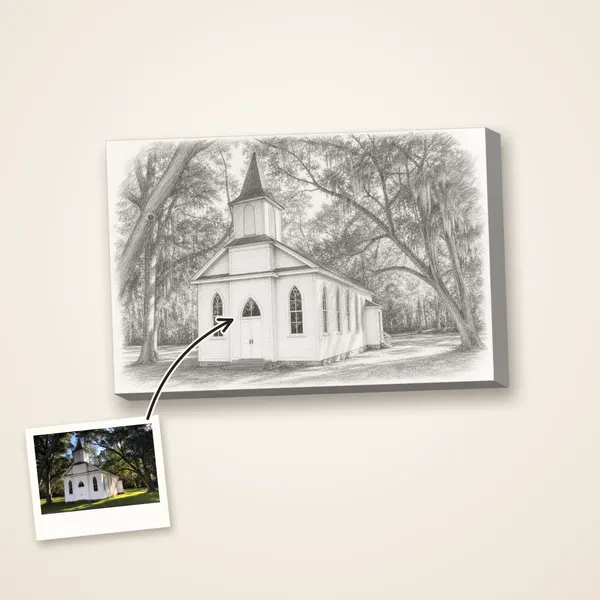 A white country chapel as a pencil sketch, with its photo